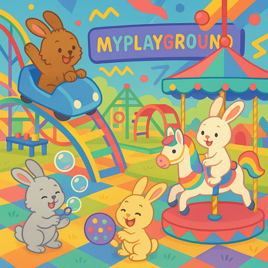 Illustration de quatre lapins jouant avec des jouets dans un parc d'attraction