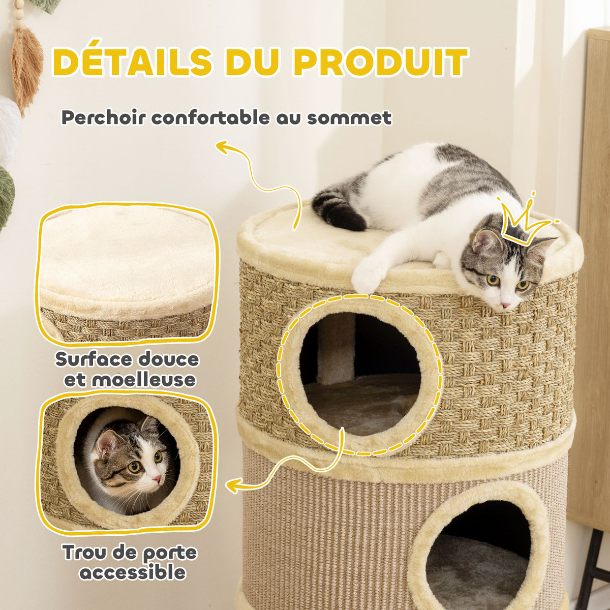 Tonneau à Gratter pour Chat Arbre à Chat Sisal Naturel et Herbiers Marins Recouvert de Peluche 45 x 45 x 79cm Kaki Café