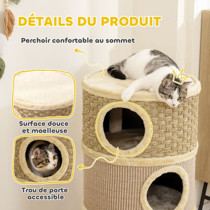 Tonneau à Gratter pour Chat Arbre à Chat Sisal Naturel et Herbiers Marins Recouvert de Peluche 45 x 45 x 79cm Kaki Café