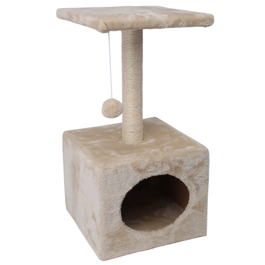 Mini arbre à chat beige avec niche douillette, poteau griffoir sisal et balle suspendue pour chats d'appartement