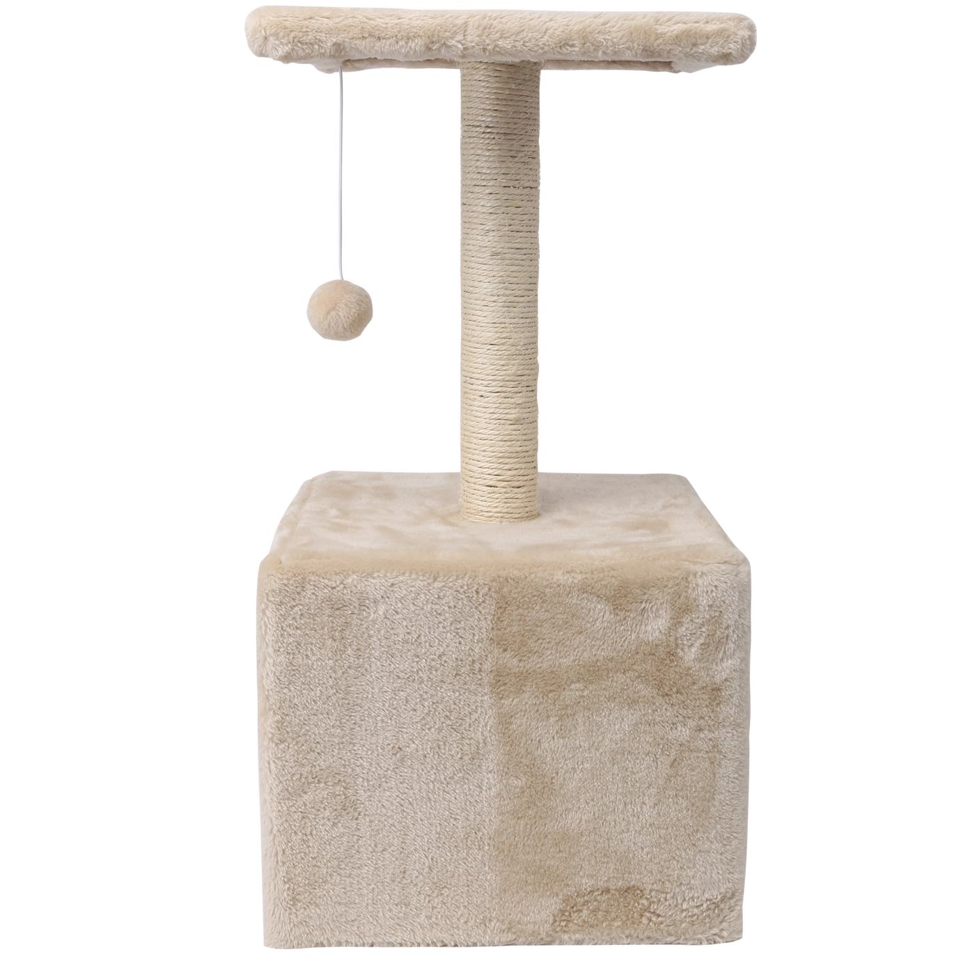 arbre à chat compact pour chat design cube beige avec poteau sisal, perchoir supérieur et balle suspendue, idéal pour petits espaces
