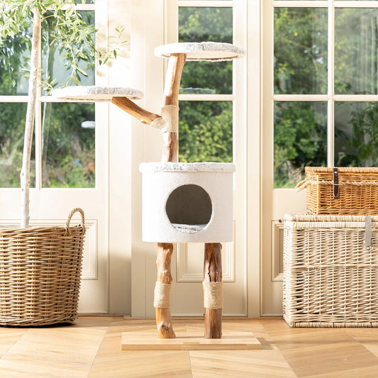 Arbre à chat robuste avec plateforme, griffoir en corde tressée et niche confortable, parfait pour les chats actifs.