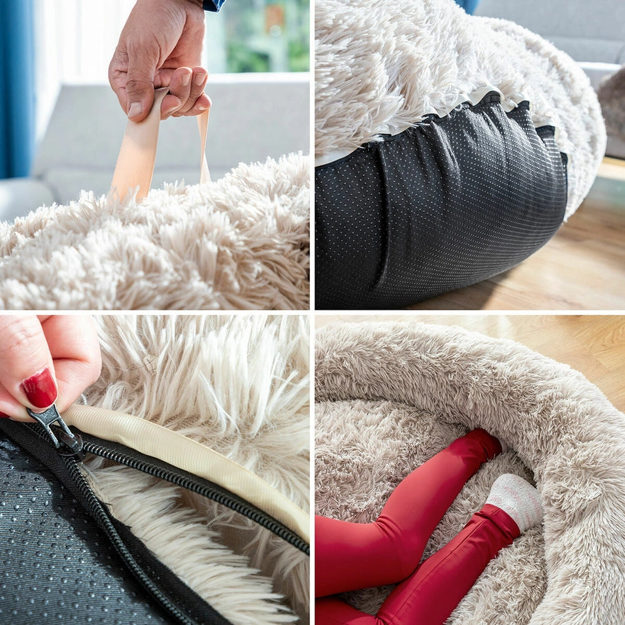 Lit donut beige pour animaux avec base antidérapante et housse amovible à fermeture éclair, coussin ultra-doux lavable résistant aux poils et griffes, confort optimal