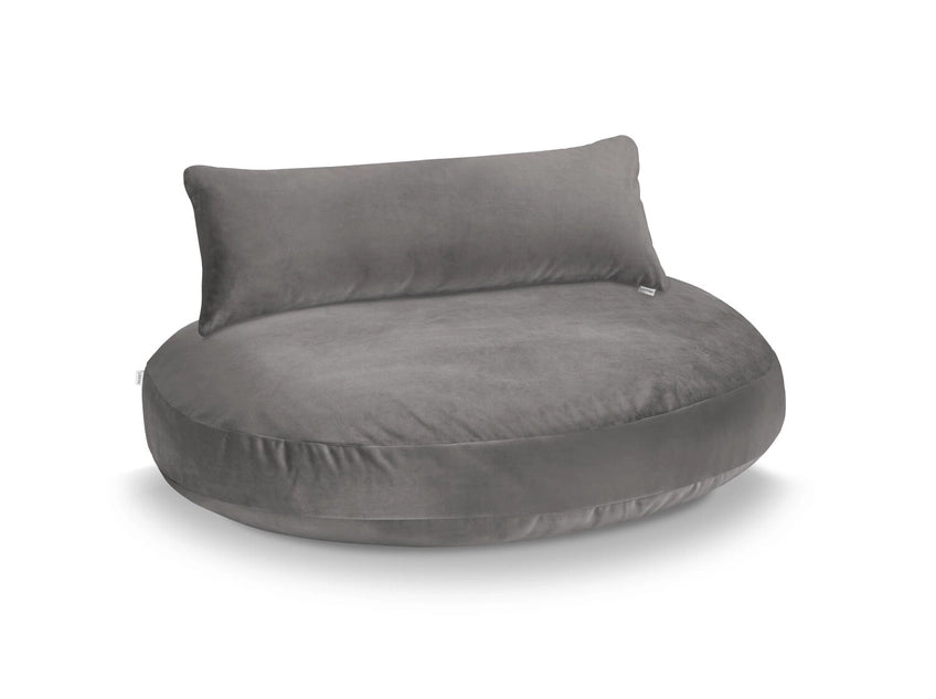 Coussin ovale en tissu gris pour chien, doux et confortable, avec oreiller intégré, parfait pour les chiots et chiens de toutes tailles.