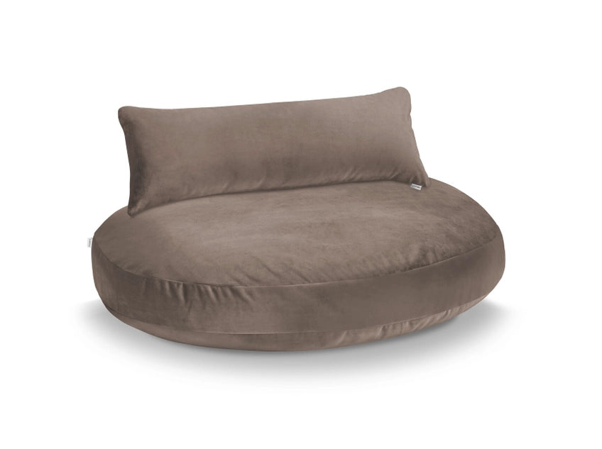 Coussin ovale en tissu marron clair pour chien, doux et confortable, avec oreiller intégré, parfait pour les chiots et chiens de toutes tailles.
