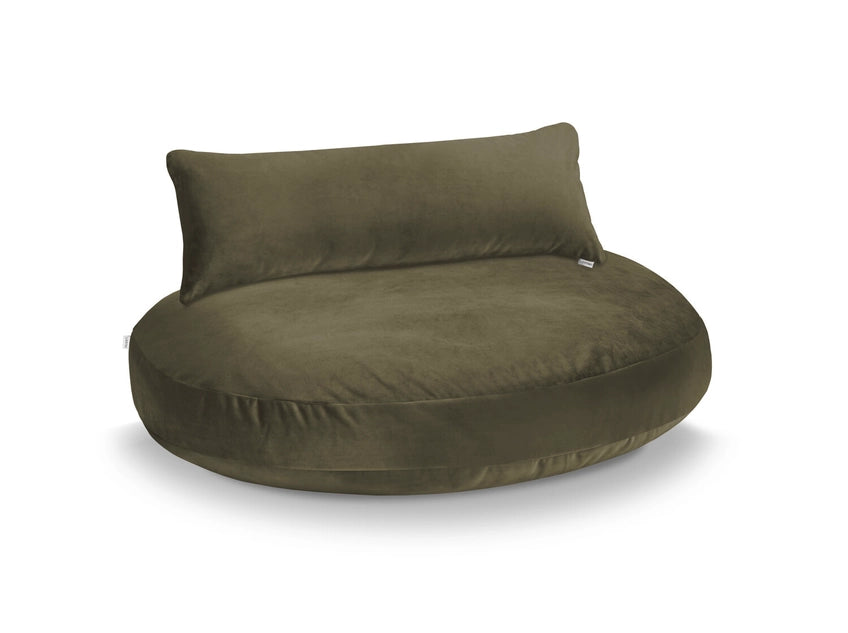 Coussin ovale en tissu vert olive pour chien, doux et confortable, avec oreiller intégré, parfait pour les chiots et chiens de toutes tailles.