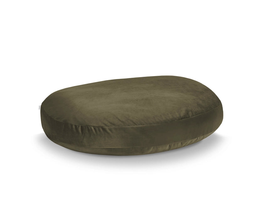 Coussin ovale en tissu vert olive pour chien, doux et confortable, parfait pour les chiots et chiens de toutes tailles.