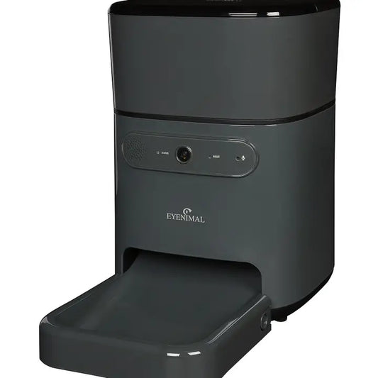 Distributeur automatique de nourriture noir, conçu pour une alimentation régulière et sécurisée des chiens et chats.