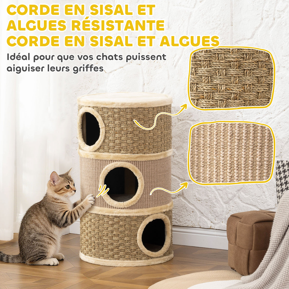 Tonneau à Gratter pour Chat Arbre à Chat Sisal Naturel et Herbiers Marins Recouvert de Peluche 45 x 45 x 79cm Kaki Café