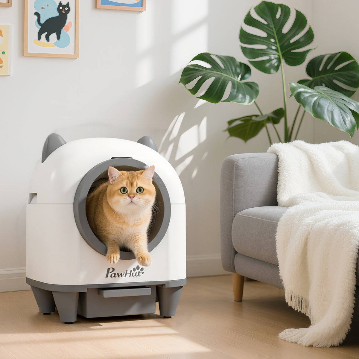 Bac à litière pour chat autonettoyant 80L, bac à litière automatique contrôle app, anti-pinch, 55,5 x 51 x 60 cm, blanc