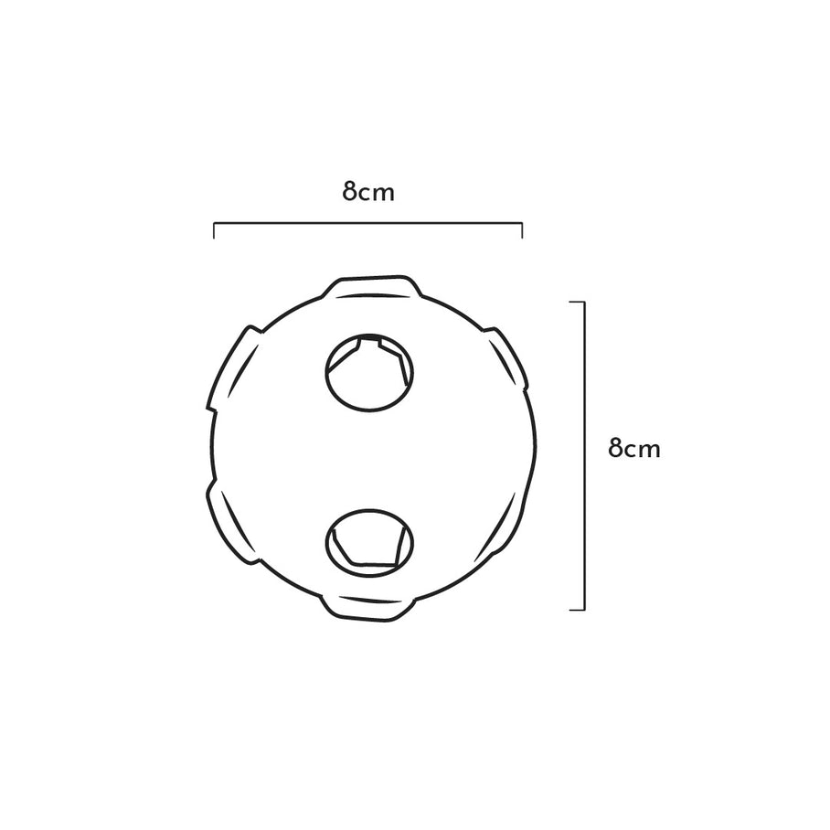 Illustration montrant un jouet en caoutchouc naturel Rub Hole de 8 cm de diamètre, parfait pour stimuler les chiens énergiques.
