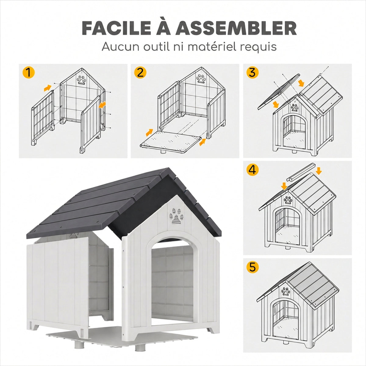 Niche pour chien extérieur, maison chien en polypropylène imperméable ventilé plancher surélevé 76x66x77cm gris clair