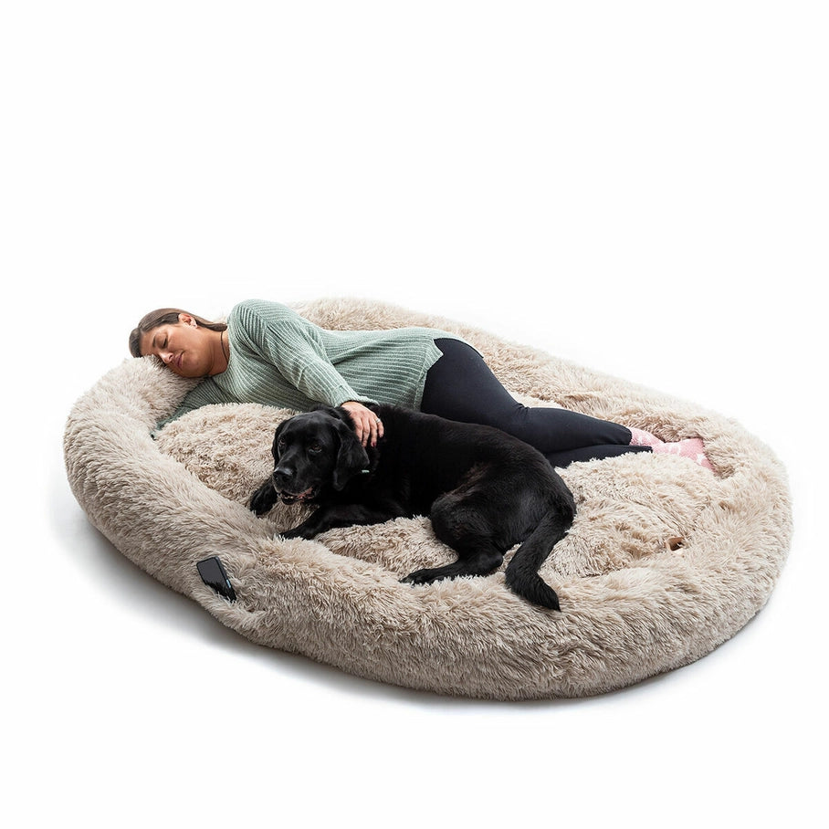 Lit douillet ovale XXL beige pour grands chiens, coussin orthopédique à rebords, soutien articulaire idéal pour races lourdes et animaux âgés, texture moelleuse