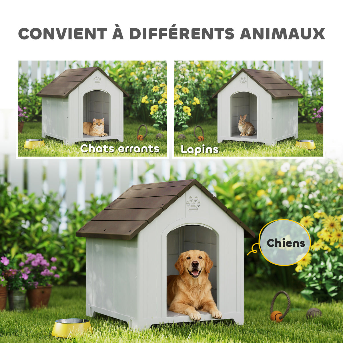 Niche pour chien extérieur, maison chien en polypropylène imperméable ventilé plancher surélevé 88x79x89cm gris clair