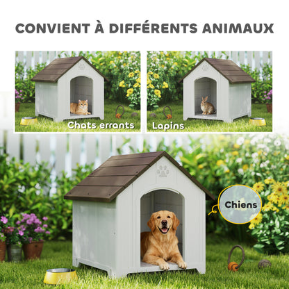 Niche pour chien extérieur, maison chien en polypropylène imperméable ventilé plancher surélevé 88x79x89cm gris clair
