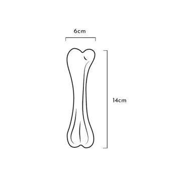 Illustration montrant un os en caoutchouc naturel Rub Professional de 14 cm de long et 6 cm de large, parfait pour divertir les chiens actifs.