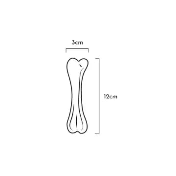 Illustration montrant un os en caoutchouc naturel Rub Professional de 12 cm de long et 3 cm de large, parfait pour divertir les chiens curieux.