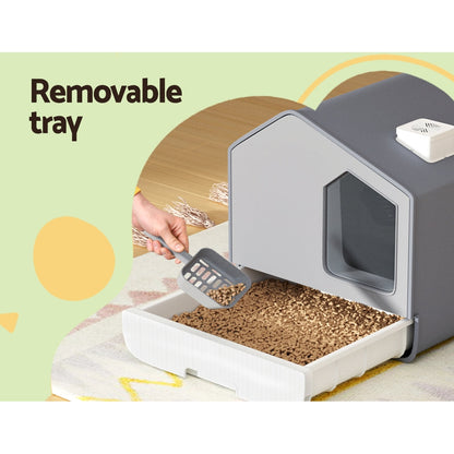 i.Pet Cat Litter Box Large Tray Kitty Toilet Enclosed Cat Litter Box Hooded Scoop Mat Grey – vue 5