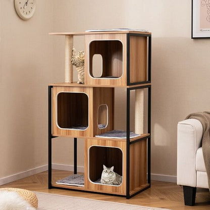 Modern Cat Tree Cat House with Metal Frame and Scratching Posts-Natural – vue 4
