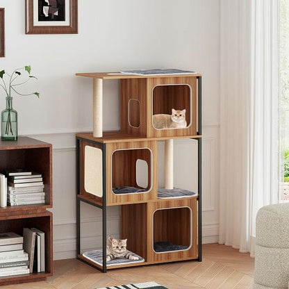 Modern Cat Tree Cat House with Metal Frame and Scratching Posts-Natural – vue 5