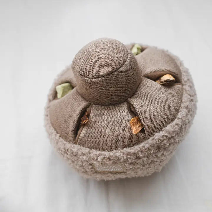 Peluche beige douce et interactive pour chien, idéale pour stimuler la curiosité et le jeu des chiots.
