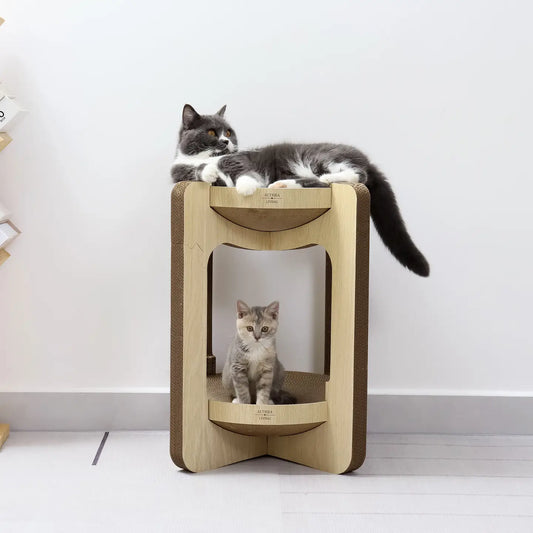 2 chats sur une Tour à griffer 2 niveaux pour chats. En carton recyclé, lit intégré, surface d’observation et griffade naturelle. Design moderne, écologique et compact. 