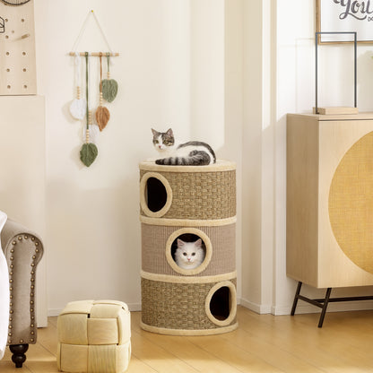 Tonneau à Gratter pour Chat Arbre à Chat Sisal Naturel et Herbiers Marins Recouvert de Peluche 45 x 45 x 79cm Kaki Café