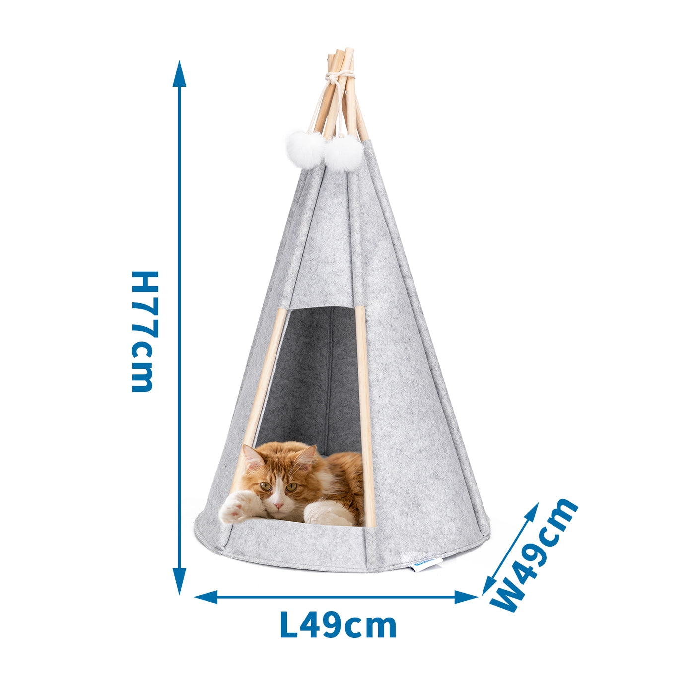 Illustration montrant une tente tipi pour chat en tissu gris, avec des dimensions claires : hauteur de 77 cm, largeur de 49 cm et longueur de 49 cm. Idéale pour offrir un espace douillet et sécurisé à votre félin.