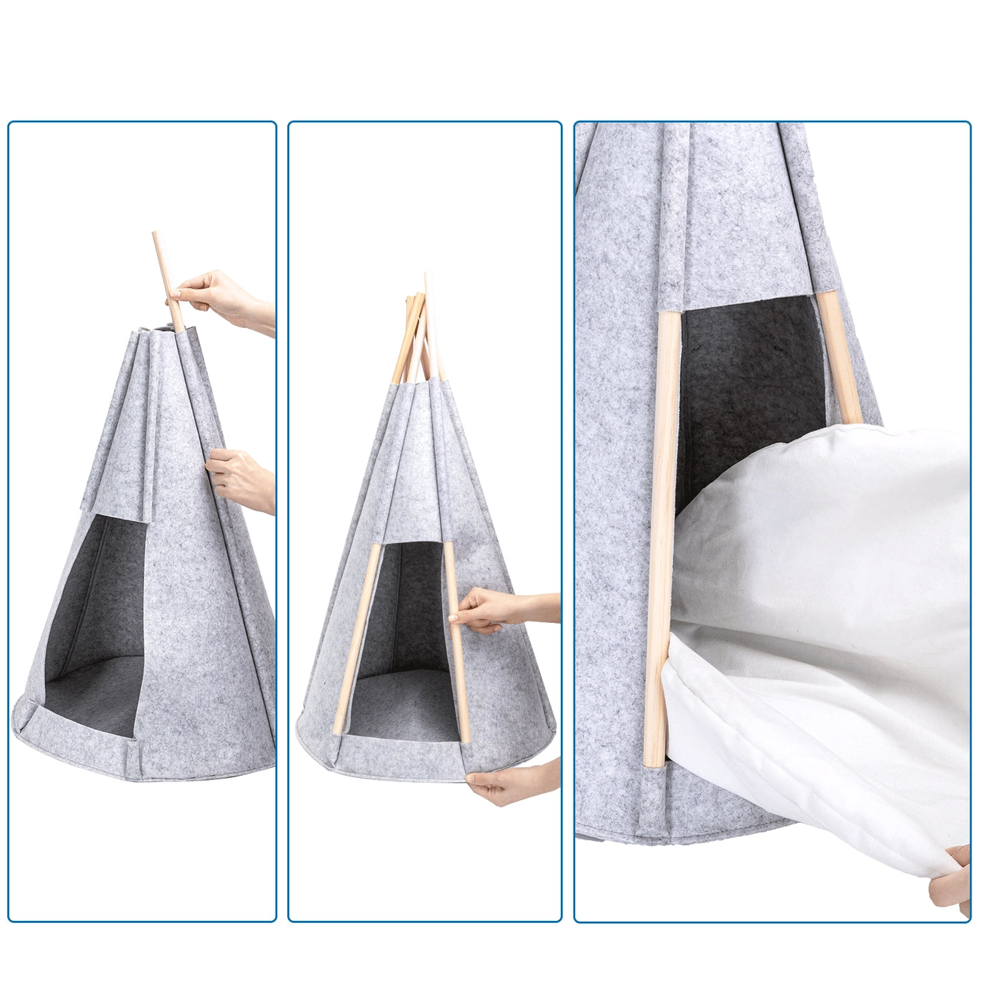 Illustration montrant les étapes de montage de la tente tipi pour chat : insertion des bâtons, stabilisation de la structure, et ajout d'un coussin blanc à l'intérieur pour le confort.