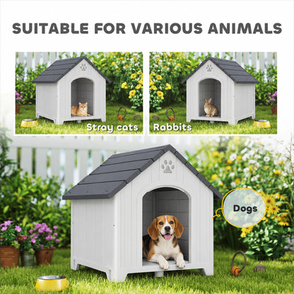 Niche pour chien extérieur, maison chien en polypropylène imperméable ventilé plancher surélevé 76x66x77cm gris clair