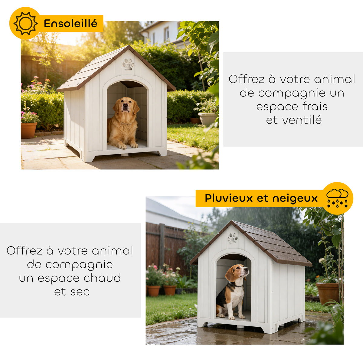 Niche pour chien extérieur, maison chien en polypropylène imperméable ventilé plancher surélevé 88x79x89cm gris clair
