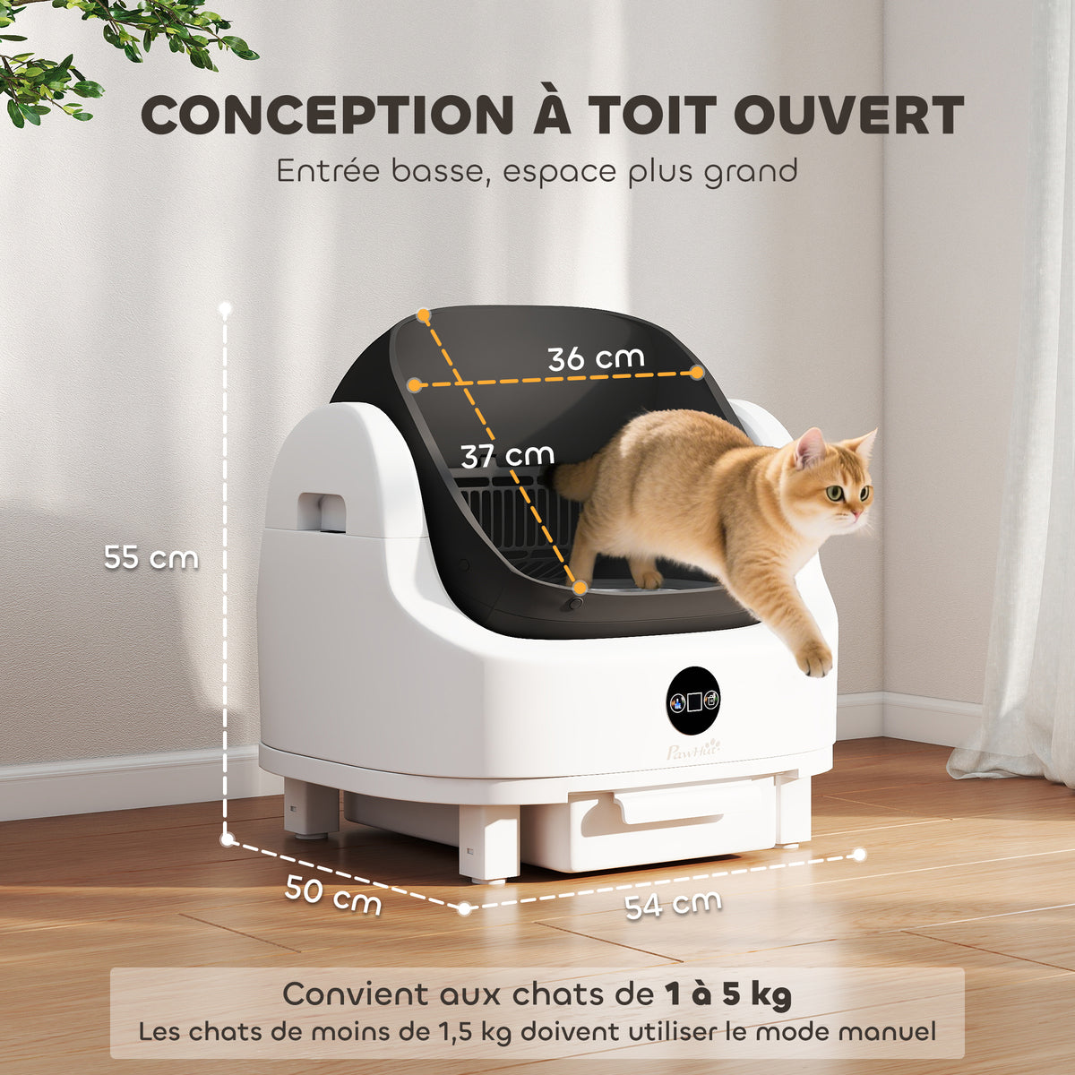 Litière chat autonettoyante bac à litière pour chat automatique ouvert isolation des odeurs/protection de sécurité blanc