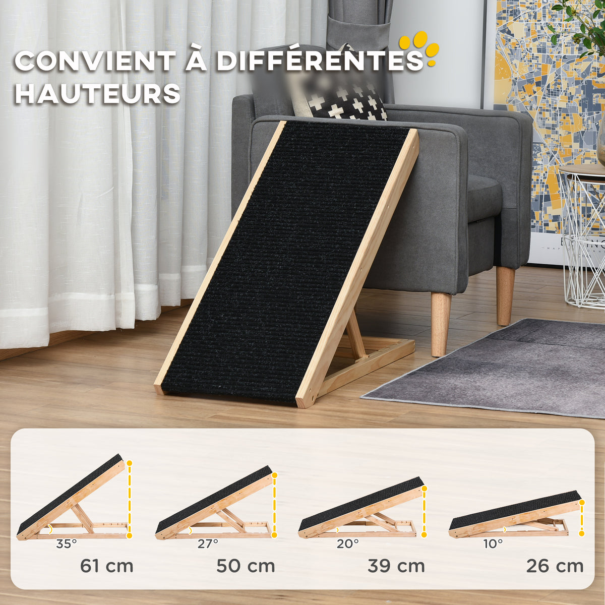 Rampe pour chien de grande taille pliable, escalier pour chien canapé avec hauteur ajustable 26-61 cm, noir