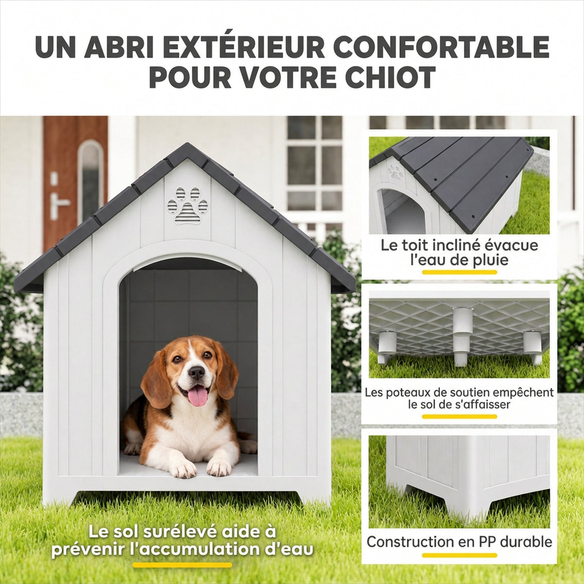 Niche pour chien extérieur, maison chien en polypropylène imperméable ventilé plancher surélevé 76x66x77cm gris clair