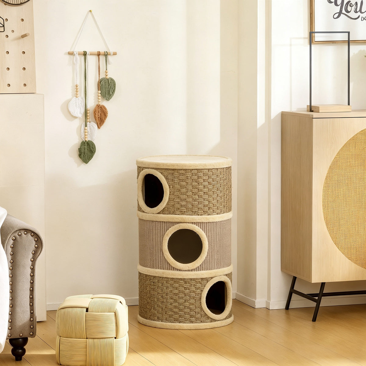Tonneau à Gratter pour Chat Arbre à Chat Sisal Naturel et Herbiers Marins Recouvert de Peluche 45 x 45 x 79cm Kaki Café