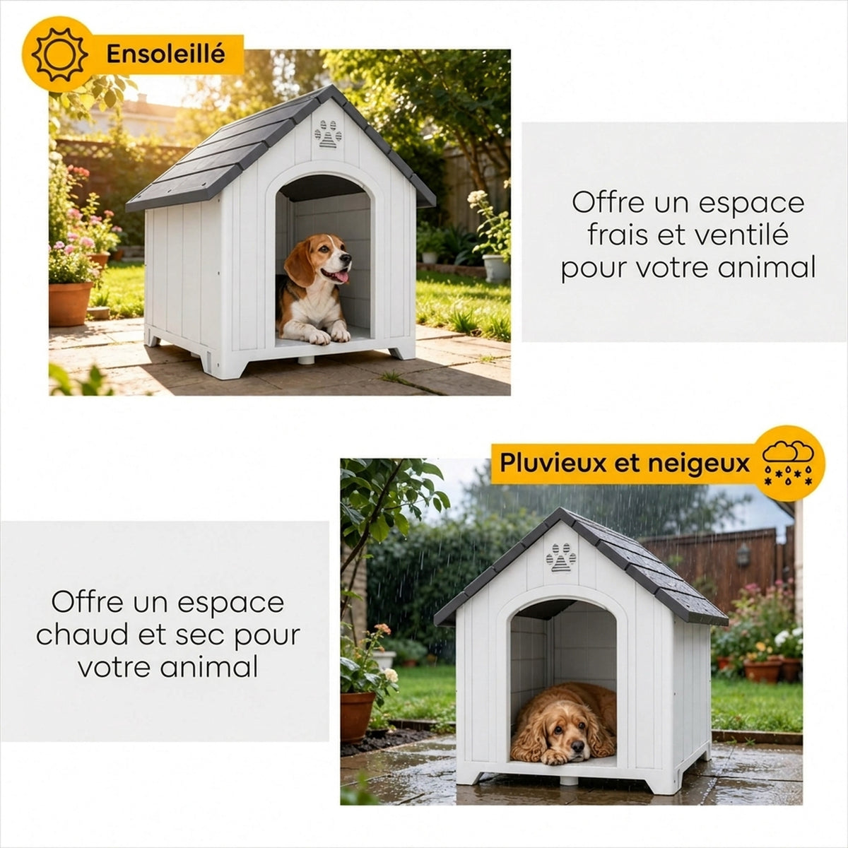 Niche pour chien extérieur, maison chien en polypropylène imperméable ventilé plancher surélevé 76x66x77cm gris clair