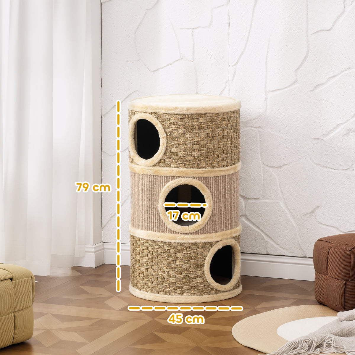 Tonneau à Gratter pour Chat Arbre à Chat Sisal Naturel et Herbiers Marins Recouvert de Peluche 45 x 45 x 79cm Kaki Café