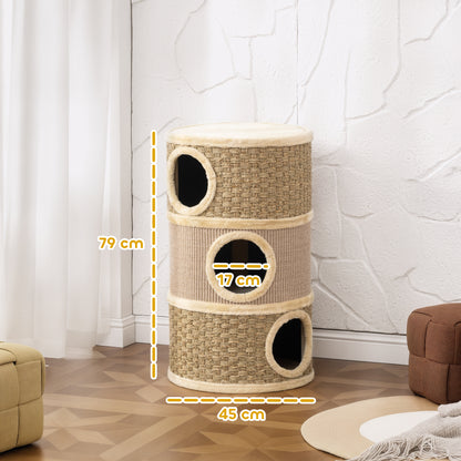 Tonneau à Gratter pour Chat Arbre à Chat Sisal Naturel et Herbiers Marins Recouvert de Peluche 45 x 45 x 79cm Kaki Café