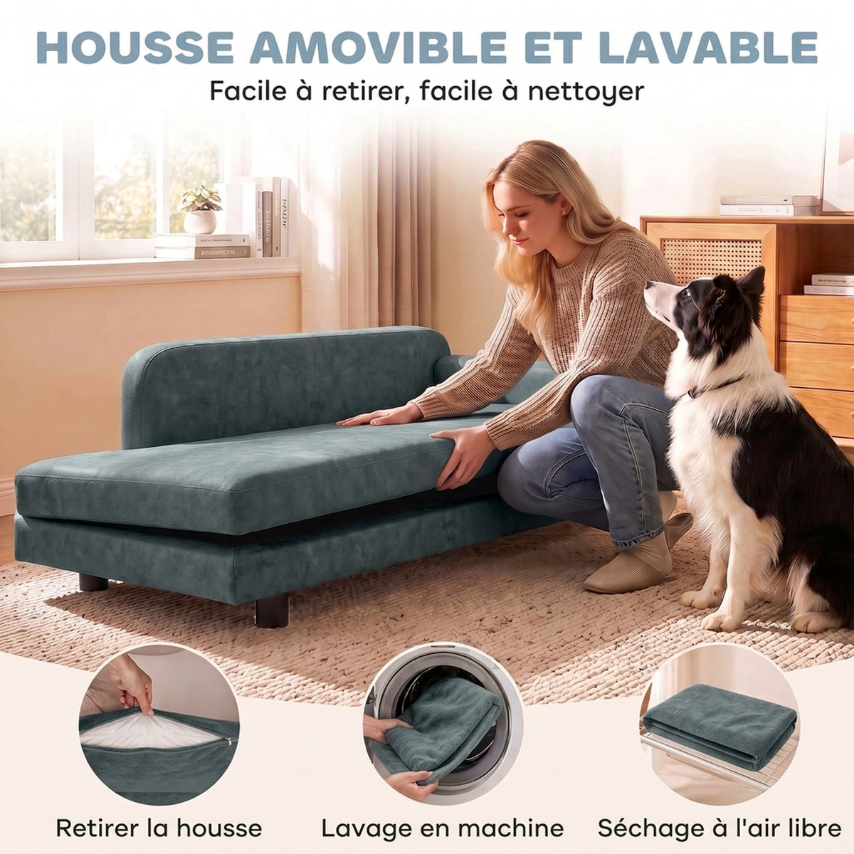 Canapé pour Chien Lit pour Chien Coussin Déhoussable Lavable Dossier Haut Accoudoirs Velours 101x66x34,5cm Gris