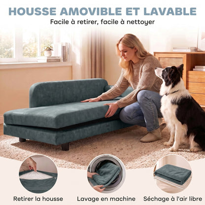 Canapé pour Chien Lit pour Chien Coussin Déhoussable Lavable Dossier Haut Accoudoirs Velours 101x66x34,5cm Gris