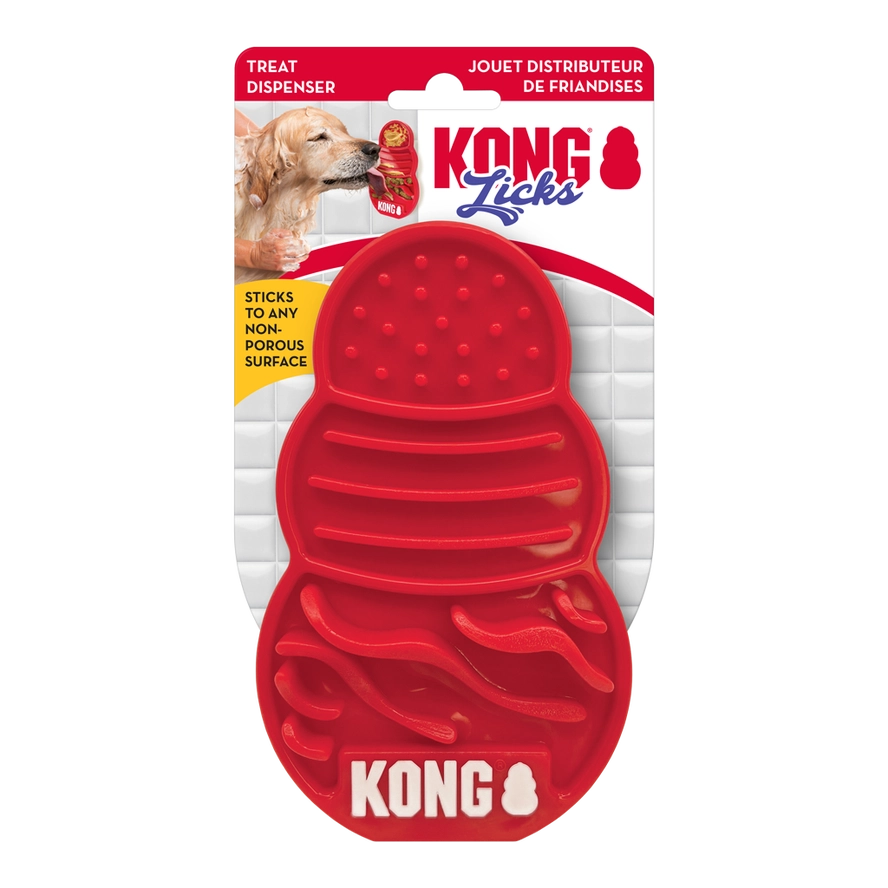Packaging du tapis à lécher KONG Licks rouge, distributeur de friandises pour chien avec ventouses.