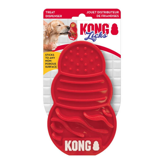 Packaging du tapis à lécher KONG Licks rouge, distributeur de friandises pour chien avec ventouses.