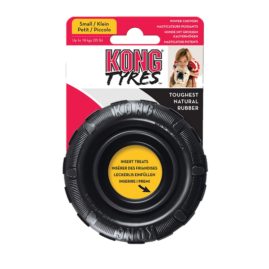 Packaging du jouet KONG Traxx taille S pour chiens, en caoutchouc naturel noir, à remplir de friandises.