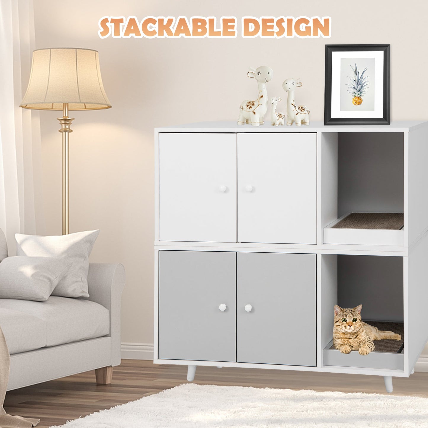 NNECW Cat Litter Box Enclosure with Divider for Large Cat &amp Kitty-Grey