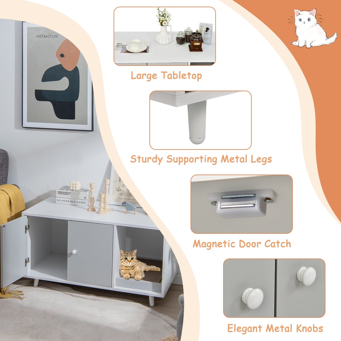 NNECW Cat Litter Box Enclosure with Divider for Large Cat &amp Kitty-Grey