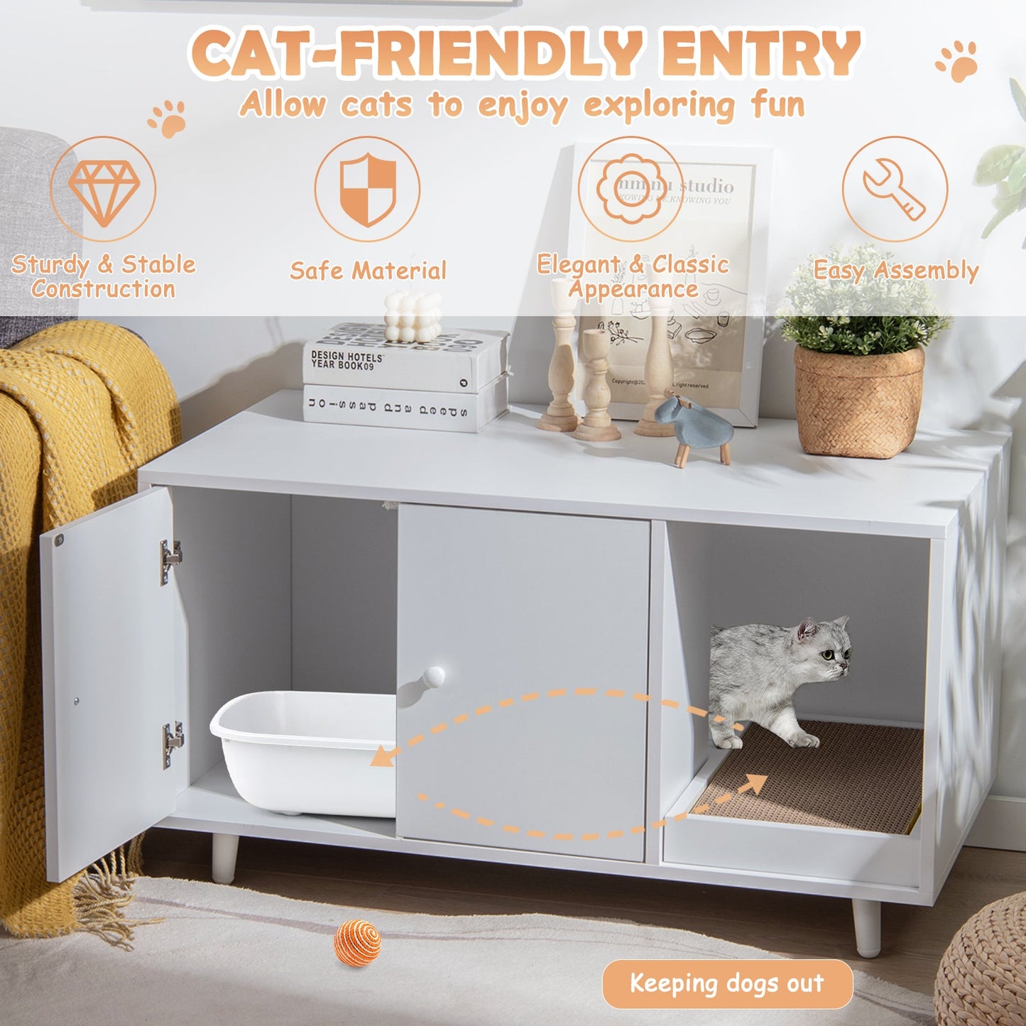 NNECW Cat Litter Box Enclosure with Divider for Large Cat & Kitty White