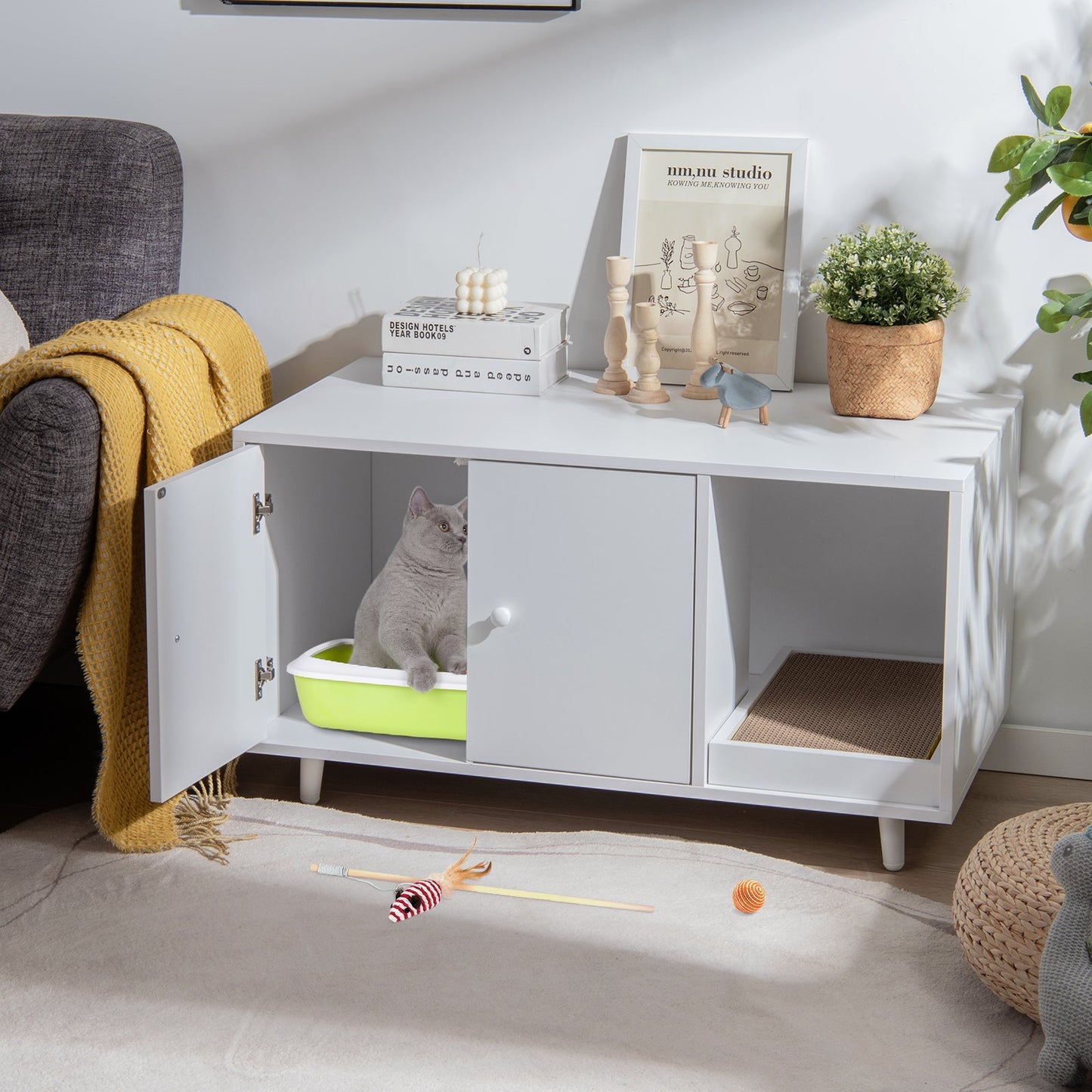 NNECW Cat Litter Box Enclosure with Divider for Large Cat & Kitty White