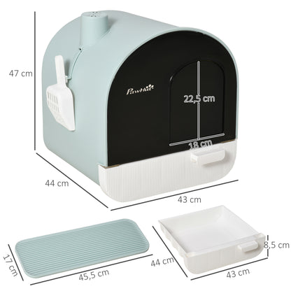 Lot de 2 bacs à litière pour chat avec porte battante, pelle et filtre inclus dim. 43L x 44l x 47H cm