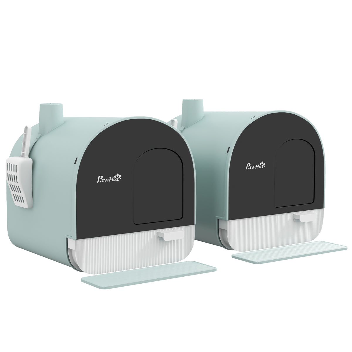 Lot de 2 bacs à litière pour chat avec porte battante, pelle et filtre inclus dim. 43L x 44l x 47H cm