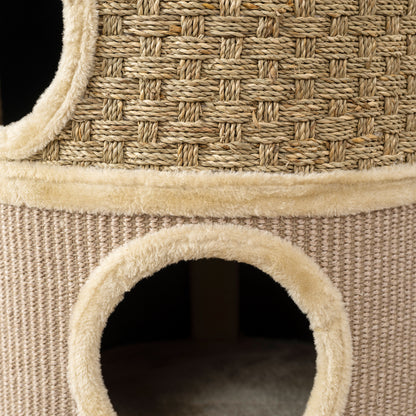 Tonneau à Gratter pour Chat Arbre à Chat Sisal Naturel et Herbiers Marins Recouvert de Peluche 45 x 45 x 79cm Kaki Café
